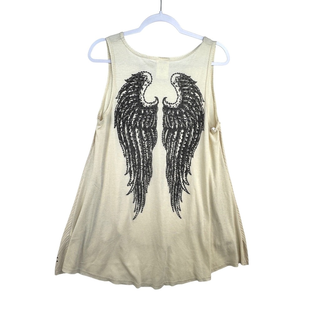 Vocal Be.Vocal Cream Waffle Knit Angel Wing Sequin Rhinestone Tank Top Large